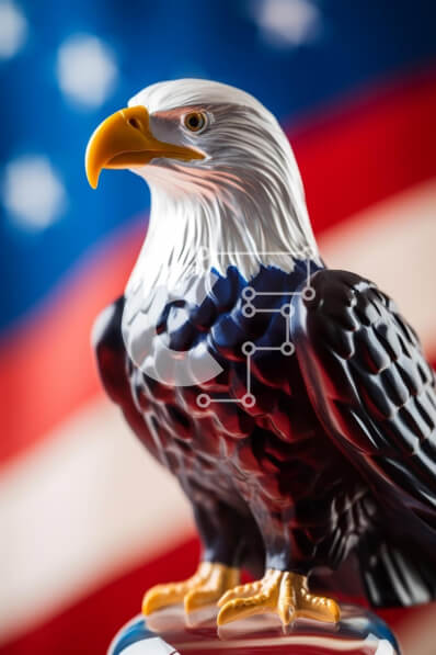 Intra Συλλεκτικό Ξύλινο Παζλ Plywood  4mm - Άγαλμα αετού μπροστά από την αμερικανική σημαία Σε Ξύλινο Κουτί - Διαστάσεις: 10x10 cm – 25 κομμάτια