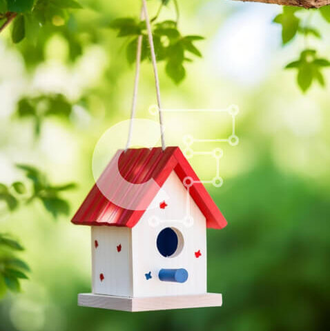 Intra Συλλεκτικό Ξύλινο Παζλ Plywood  4mm – Πολύχρωμο Birdhouse που κρέμεται από κλαδιά δέντρων Σε Ξύλινο Κουτί – Διαστάσεις: 10×10 cm – 25 κομμάτια