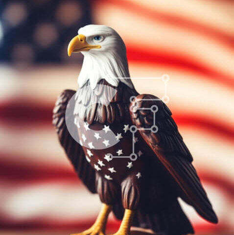 Intra Συλλεκτικό Ξύλινο Παζλ Plywood  4mm - Ειδώλιο αετού σε ξύλινο τραπέζι με αμερικανική σημαία Σε Ξύλινο Κουτί - Διαστάσεις: 10x10 cm – 25 κομμάτια - Image 1