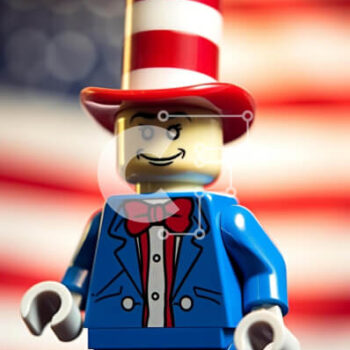 Intra Συλλεκτικό Ξύλινο Παζλ Plywood  4mm - Γάτα Lego με το καπέλο με τη σημαία της Αμερικής Σε Ξύλινο Κουτί - Διαστάσεις Puzzle: 10x10 cm – 25 κομμάτια - Image 1