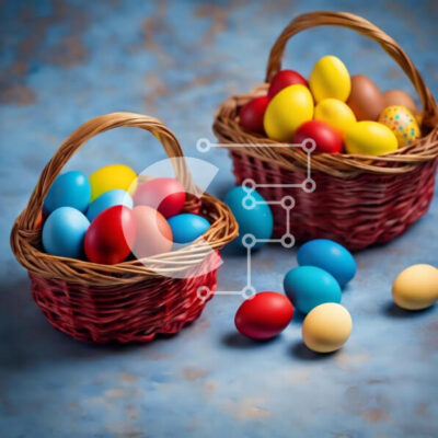 Intra Συλλεκτικό Ξύλινο Παζλ Plywood  4mm - Πολύχρωμα Πασχαλινά αυγά σε ψάθινα καλάθια σε μπλε επιφάνεια Σε Ξύλινο Κουτί - Διαστάσεις: 10x10 cm – 25 κομμάτια - Image 1