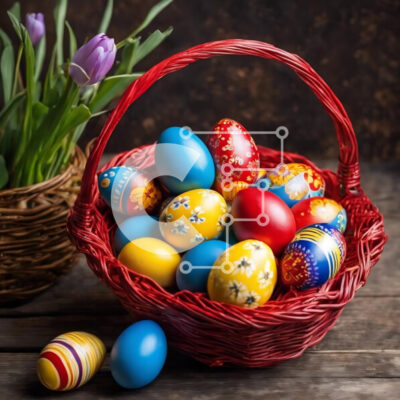 Intra Συλλεκτικό Ξύλινο Παζλ Plywood 4mm - Πολύχρωμα Πασχαλινά αυγά και μοβ τουλίπες σε ένα τραπέζι Σε Ξύλινο Κουτί - Διαστάσεις: 10x10 cm – 25 κομμάτια - Image 1