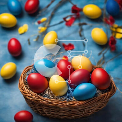 Intra Συλλεκτικό Ξύλινο Παζλ Plywood  4mm - Πολύχρωμα Πασχαλινά αυγά στο καλάθι σε αφηρημένο μπλε φόντο Σε Ξύλινο Κουτί - Διαστάσεις: 10x10 cm – 25 κομμάτια - Image 1