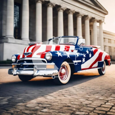 Intra Συλλεκτικό Ξύλινο Παζλ Plywood  4mm - Vintage αυτοκίνητο με πατριωτικό θέμα παρκαρισμένο μπροστά από ένα κτίριο Σε Ξύλινο Κουτί - Διαστάσεις Puzzle: 10x10 cm – 25 κομμάτια - Image 1