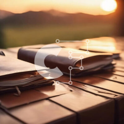 Intra Συλλεκτικό Ξύλινο Παζλ Plywood  4mm - Ανοίξτε δερμάτινα περιοδικά σε ξύλινο τραπέζι με ηλιοβασίλεμα Σε Ξύλινο Κουτί - Διαστάσεις Puzzle: 10x10 cm – 25 κομμάτια - Image 1