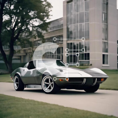 Intra Συλλεκτικό Ξύλινο Παζλ Plywood 4mm - Ασημί σπορ αυτοκίνητο μπροστά από εντυπωσιακό κτίριο Σε Ξύλινο Κουτί - Διαστάσεις Puzzle: 10x10 cm – 25 κομμάτια - Image 1