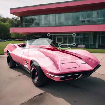 Intra Συλλεκτικό Ξύλινο Παζλ Plywood  4mm - Ροζ σπορ αυτοκίνητο παρκαρισμένο μπροστά σε ένα εντυπωσιακό κτίριο Σε Ξύλινο Κουτί - Διαστάσεις Puzzle: 10x10 cm – 25 κομμάτια - Image 1