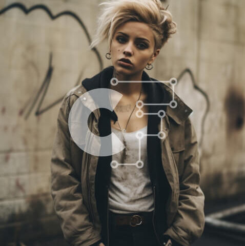 Intra Συλλεκτικό Ξύλινο Παζλ Plywood  4mm - Νεαρή γυναίκα με κοντά μαλλιά μπροστά από τοίχους καλυμμένους με γκράφιτι Σε Ξύλινο Κουτί - Διαστάσεις Puzzle: 10x10 cm – 25 κομμάτια - Image 1