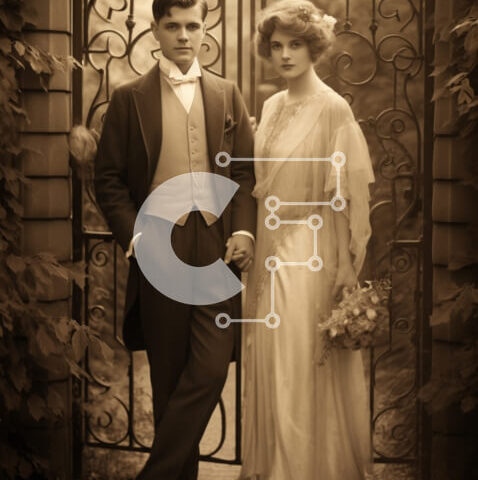 Intra Συλλεκτικό Ξύλινο Παζλ Plywood  4mm - Αρραβωνιασμένο ή πρόσφατα παντρεμένο ζευγάρι μπροστά από την περίτεχνη πύλη Σε Ξύλινο Κουτί - Διαστάσεις: 10x10 cm – 25 κομμάτια - Image 1