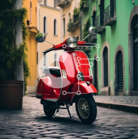 Intra Συλλεκτικό Ξύλινο Παζλ Plywood 4mm - Κόκκινο μοτοποδήλατο μπροστά από πολύχρωμα κτίρια Σε Ξύλινο Κουτί - Διαστάσεις Puzzle: 10x10 cm – 25 κομμάτια - Image 1