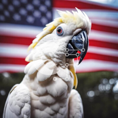 Intra Συλλεκτικό Ξύλινο Παζλ Plywood  4mm - Περίεργος λευκός παπαγάλος με φόντο αμερικανικής σημαίας Σε Ξύλινο Κουτί - Διαστάσεις: 10x10 cm – 25 κομμάτια - Image 1