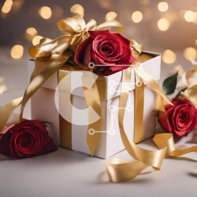 Intra Συλλεκτικό Ξύλινο Παζλ Plywood 4mm - Λευκό κουτί δώρου με κόκκινα τριαντάφυλλα και χρυσές κορδέλες Σε Ξύλινο Κουτί - Διαστάσεις: 10x10 cm – 25 κομμάτια - Image 1