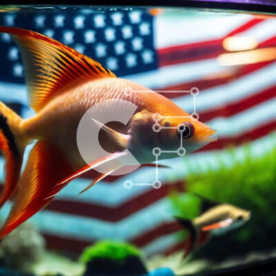 Intra Συλλεκτικό Ξύλινο Παζλ Plywood  4mm - Δύο ψάρια που κολυμπούν στο ενυδρείο με φόντο την αμερικανική σημαία Σε Ξύλινο Κουτί - Διαστάσεις: 10x10 cm – 25 κομμάτια - Image 1