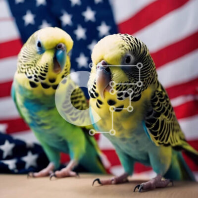 Intra Συλλεκτικό Ξύλινο Παζλ Plywood  4mm - Δύο παπαγάλοι μπροστά από την αμερικανική σημαία Σε Ξύλινο Κουτί - Διαστάσεις: 10x10 cm – 25 κομμάτια - Image 1