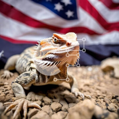 Intra Συλλεκτικό Ξύλινο Παζλ Plywood  4mm - Γενειοφόρος σαύρα με φόντο αμερικανικής σημαίας Σε Ξύλινο Κουτί - Διαστάσεις: 10x10 cm – 25 κομμάτια - Image 1