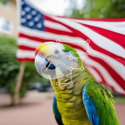 Intra Συλλεκτικό Ξύλινο Παζλ Plywood 4mm - Πράσινος και κίτρινος παπαγάλος που στέκεται μπροστά από την αμερικανική σημαία Σε Ξύλινο Κουτί - Διαστάσεις: 10x10 cm – 25 κομμάτια - Image 1