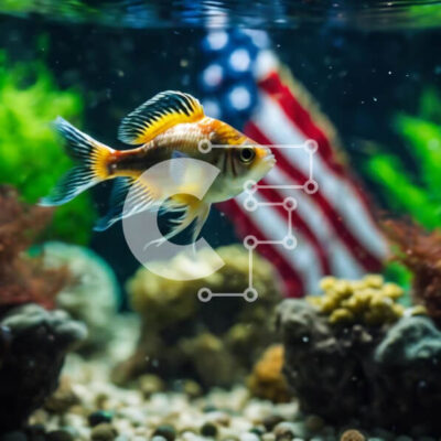 Intra Συλλεκτικό Ξύλινο Παζλ Plywood  4mm - Υγιές χρυσόψαρο στο ενυδρείο με φόντο αμερικανικής σημαίας Σε Ξύλινο Κουτί - Διαστάσεις: 10x10 cm – 25 κομμάτια - Image 1