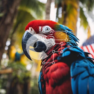 Intra Συλλεκτικό Ξύλινο Παζλ Plywood  4mm - Πολύχρωμος παπαγάλος με φοίνικες και αμερικανική σημαία Σε Ξύλινο Κουτί - Διαστάσεις: 10x10 cm – 25 κομμάτια - Image 1