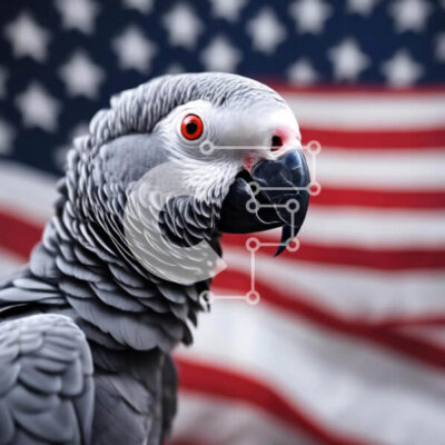 Intra Συλλεκτικό Ξύλινο Παζλ Plywood 4mm - Γκρίζος παπαγάλος μπροστά από την αμερικανική σημαία Σε Ξύλινο Κουτί - Διαστάσεις: 10x10 cm – 25 κομμάτια - Image 1