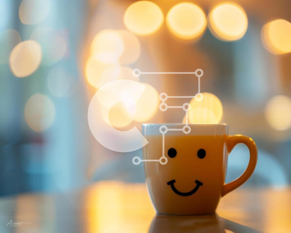 Intra Συλλεκτικό Ξύλινο Παζλ Plywood  4mm - Διασκεδαστικό κίτρινο φλιτζάνι καφέ Smiley Face στο τραπέζι με θολά φώτα Σε Ξύλινο Κουτί - Διαστάσεις: 10x10 cm – 25 κομμάτια