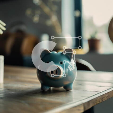 Intra Συλλεκτικό Ξύλινο Παζλ Plywood  4mm - Μπλε κουμπαράς σε δρύινο ξύλινο τραπέζι με φυτά σε γλάστρες Σε Ξύλινο Κουτί - Διαστάσεις: 10x10 cm – 25 κομμάτια - Image 1