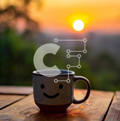 Intra Συλλεκτικό Ξύλινο Παζλ Plywood 4mm - Φλιτζάνι καφέ με χαμογελαστό πρόσωπο σε υπαίθριο ξύλινο τραπέζι στο ηλιοβασίλεμα Σε Ξύλινο Κουτί - Διαστάσεις: 10x10 cm – 25 κομμάτια - Image 1