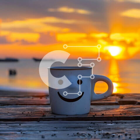 Intra Συλλεκτικό Ξύλινο Παζλ Plywood  4mm - Smiley φλιτζάνι καφέ με θέα το ηλιοβασίλεμα δίπλα στον ωκεανό Σε Ξύλινο Κουτί - Διαστάσεις: 10x10 cm – 25 κομμάτια - Image 1