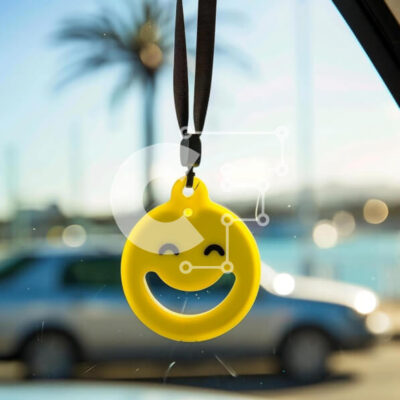 Intra Συλλεκτικό Ξύλινο Παζλ Plywood 4mm - Κίτρινο χαμογελαστό αποσμητικό χώρου στο παράθυρο αυτοκινήτου με φοίνικες Σε Ξύλινο Κουτί - Διαστάσεις Puzzle: 10x10 cm – 25 κομμάτια - Image 1