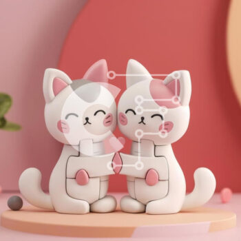 Intra Συλλεκτικό Ξύλινο Παζλ Plywood  4mm - Δύο ειδώλια γατών σε ροζ φόντο, κρατώντας τα χέρια Σε Ξύλινο Κουτί - Διαστάσεις Puzzle: 10x10 cm – 25 κομμάτια - Image 1