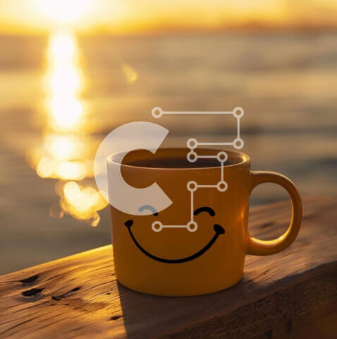 Intra Συλλεκτικό Ξύλινο Παζλ Plywood 4mm - Φλιτζάνι καφέ με χαμογελαστό πρόσωπο σε ξύλινο κιγκλίδωμα κοντά στο νερό Σε Ξύλινο Κουτί - Διαστάσεις: 10x10 cm – 25 κομμάτια - Image 1