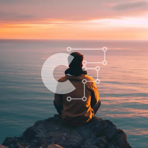 Intra Συλλεκτικό Ξύλινο Παζλ Plywood  4mm - Άνδρας που κάθεται σε γκρεμό με θέα στον ωκεανό στο ηλιοβασίλεμα Σε Ξύλινο Κουτί - Διαστάσεις: 10x10 cm – 25 κομμάτια - Image 1