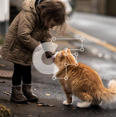 Intra Συλλεκτικό Ξύλινο Παζλ Plywood 4mm - Κορίτσι που χαϊδεύει τη γάτα στην άκρη του δρόμου Σε Ξύλινο Κουτί - Διαστάσεις: 10x10 cm – 25 κομμάτια - Image 1