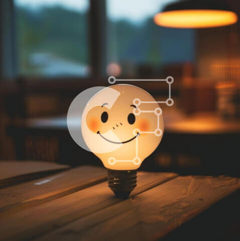 Intra Συλλεκτικό Ξύλινο Παζλ Plywood  4mm - Λάμπα Smiley Face σε ξύλινο τραπέζι σε σκοτεινό δωμάτιο Σε Ξύλινο Κουτί - Διαστάσεις: 10x10 cm – 25 κομμάτια - Image 1