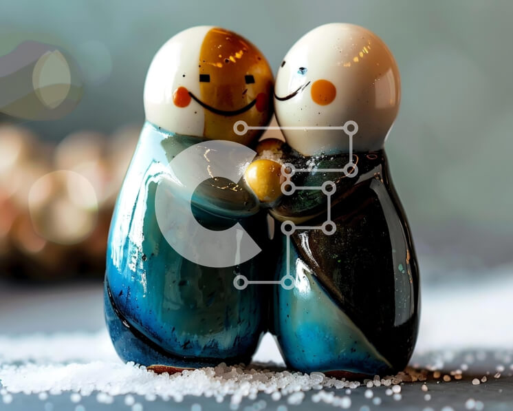 Intra Συλλεκτικό Ξύλινο Παζλ Plywood  4mm - Κεραμικά ειδώλια που αγκαλιάζονται σε χιονισμένο τραπέζι Σε Ξύλινο Κουτί - Διαστάσεις Puzzle: 10x10 cm – 25 κομμάτια