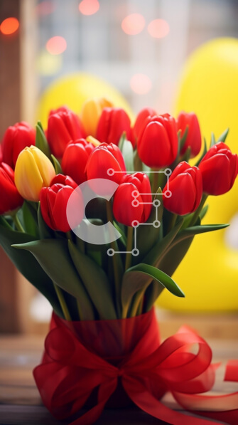 Intra Συλλεκτικό Ξύλινο Παζλ Plywood  4mm - Ζωντανό μπουκέτο τουλίπας με κόκκινη κορδέλα σε βάζο Σε Ξύλινο Κουτί - Διαστάσεις: 10x10 cm – 25 κομμάτια