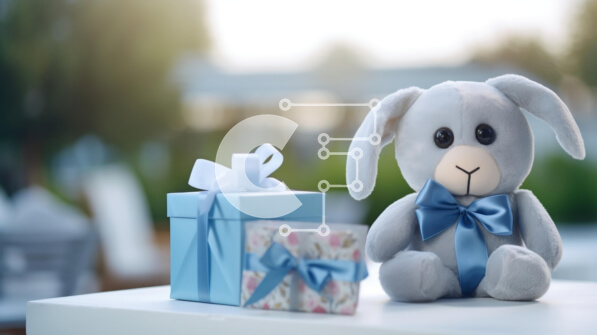 Intra Συλλεκτικό Ξύλινο Παζλ Plywood  4mm - Κομψά Μπλε Μπάνι Γεμιστά Ζώα και Κουτιά Δώρων Σε Ξύλινο Κουτί - Διαστάσεις: 10x10 cm – 25 κομμάτια