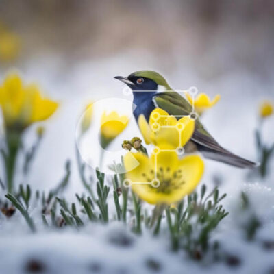 Intra Συλλεκτικό Ξύλινο Παζλ Plywood 4mm - Μπλε και πράσινο πουλί σκαρφαλωμένο στα κίτρινα λουλούδια στο χιόνι Σε Ξύλινο Κουτί - Διαστάσεις: 10x10 cm – 25 κομμάτια - Image 1