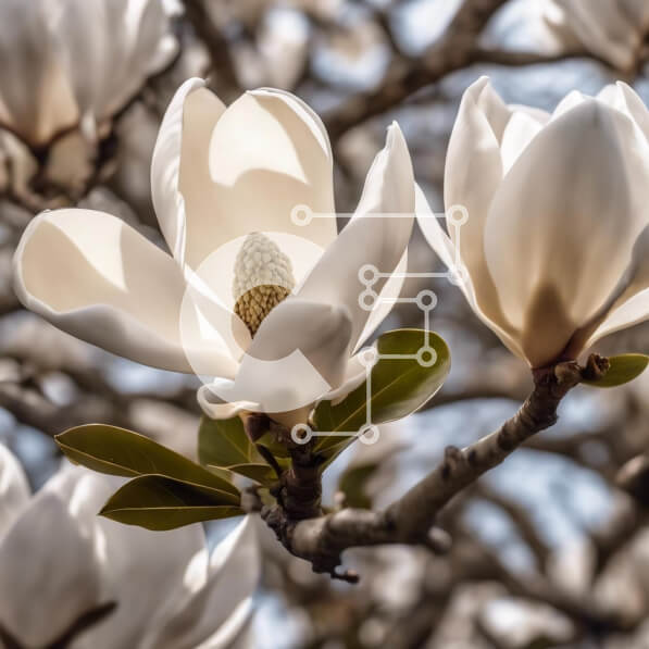 Intra Συλλεκτικό Ξύλινο Παζλ Plywood  4mm - Κοντινό πλάνο λευκών λουλουδιών μανόλιας που ανθίζουν στη βελανιδιά Σε Ξύλινο Κουτί - Διαστάσεις: 10x10 cm – 25 κομμάτια