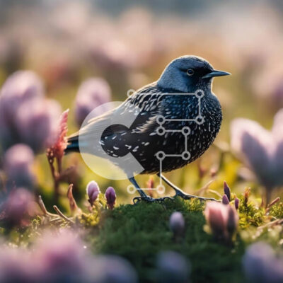 Intra Συλλεκτικό Ξύλινο Παζλ Plywood  4mm - Μαύρο πουλί σκαρφαλωμένο σε μωβ λουλούδια σε ένα χωράφι Σε Ξύλινο Κουτί - Διαστάσεις: 10x10 cm – 25 κομμάτια - Image 1