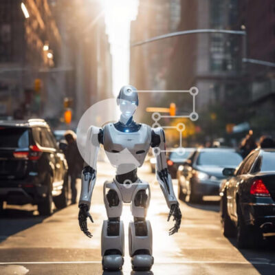 Intra Συλλεκτικό Ξύλινο Παζλ Plywood  4mm - Ρομπότ σε έναν αστικό δρόμο με αυτοκίνητα και πεζούς Σε Ξύλινο Κουτί - Διαστάσεις Puzzle: 10x10 cm – 25 κομμάτια - Image 1