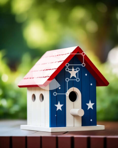 Intra Συλλεκτικό Ξύλινο Παζλ Plywood  4mm - Κόκκινο, λευκό και μπλε Birdhouse με αστέρια σε ξύλινο τραπέζι Σε Ξύλινο Κουτί - Διαστάσεις: 10x10 cm – 25 κομμάτια