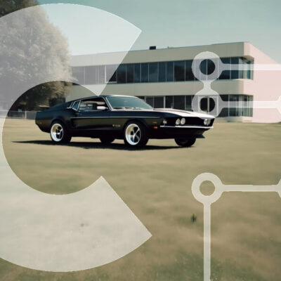 Intra Συλλεκτικό Ξύλινο Παζλ Plywood  4mm - Μαύρο μυϊκό αυτοκίνητο σταθμευμένο μπροστά από το σύγχρονο κτήριο Σε Ξύλινο Κουτί - Διαστάσεις Puzzle: 10x10 cm – 25 κομμάτια - Image 1