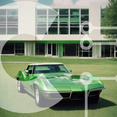 Intra Συλλεκτικό Ξύλινο Παζλ Plywood 4mm - Green Sports Car παρκαρισμένο μπροστά από το κτίριο γραφείων Σε Ξύλινο Κουτί - Διαστάσεις Puzzle: 10x10 cm – 25 κομμάτια - Image 1