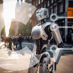 Intra Συλλεκτικό Ξύλινο Παζλ Plywood  4mm - Ασημένιο ρομπότ στην αστική οδό με ανθρώπους και οχήματα Σε Ξύλινο Κουτί - Διαστάσεις Puzzle: 10x10 cm – 25 κομμάτια