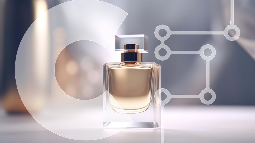 Intra Συλλεκτικό Ξύλινο Παζλ Plywood  4mm - Διαυγές μπουκάλι αρώματος σε αφηρημένο φόντο Σε Ξύλινο Κουτί - Διαστάσεις Puzzle: 10x10 cm – 25 κομμάτια