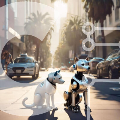 Intra Συλλεκτικό Ξύλινο Παζλ Plywood  4mm - Ρομπότ σκυλιά στην οδό της πόλης με αυτοκίνητα στο παρασκήνιο Σε Ξύλινο Κουτί - Διαστάσεις Puzzle: 10x10 cm – 25 κομμάτια - Image 1