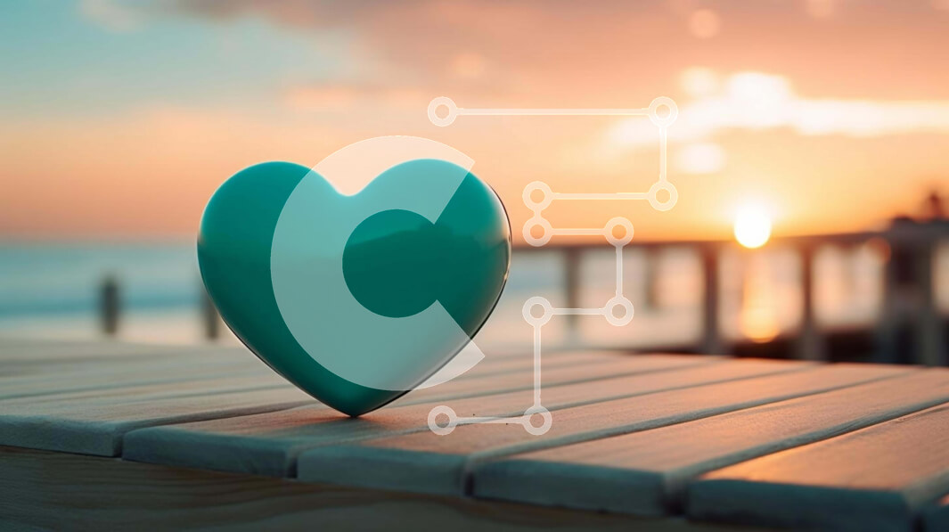 Intra Συλλεκτικό Ξύλινο Παζλ Plywood  4mm - Αντικείμενο σε σχήμα καρδιάς κοντά στον ωκεανό με κόκκινες και μπλε ομπρέλες Σε Ξύλινο Κουτί - Διαστάσεις Puzzle: 10x10 cm – 25 κομμάτια