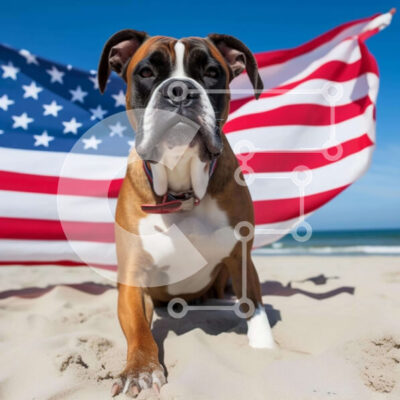 Intra Συλλεκτικό Ξύλινο Παζλ Plywood 4mm - Καφέ και λευκό σκυλί μπόξερ στην παραλία με αμερικανική σημαία Σε Ξύλινο Κουτί - Διαστάσεις: 10x10 cm – 25 κομμάτια - Image 1