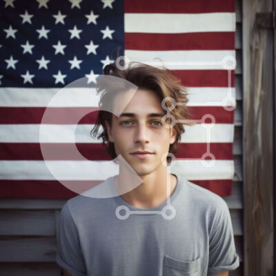 Intra Συλλεκτικό Ξύλινο Παζλ Plywood 4mm - Νεαρός άνδρας μπροστά από την αμερικανική σημαία Σε Ξύλινο Κουτί - Διαστάσεις Puzzle: 10x10 cm – 25 κομμάτια - Image 1