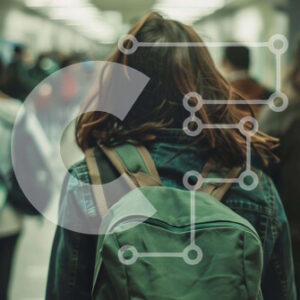 Intra Συλλεκτικό Ξύλινο Παζλ Plywood  4mm - Γυναίκα που περπατά στο διάδρομο με το σακίδιο πλάτης και τους ανθρώπους Σε Ξύλινο Κουτί - Διαστάσεις Puzzle: 10x10 cm – 25 κομμάτια